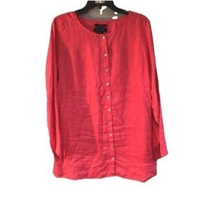 Tahari 1X Pink 100% Linen Shirt w/ Roll Tab Sleeves Tunic  Button Up